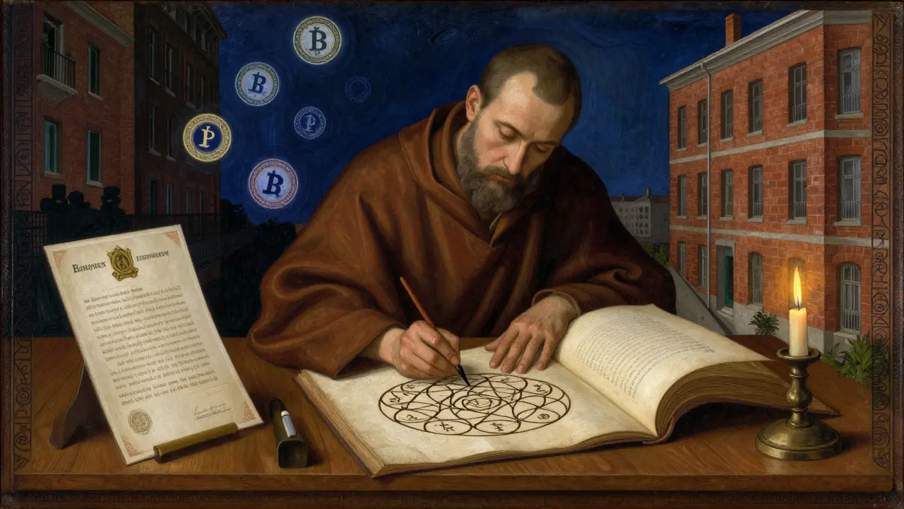 Монах на письменном столе пишет блокчейн-узор на пергаменте рядом с облигацией и кирпичом.