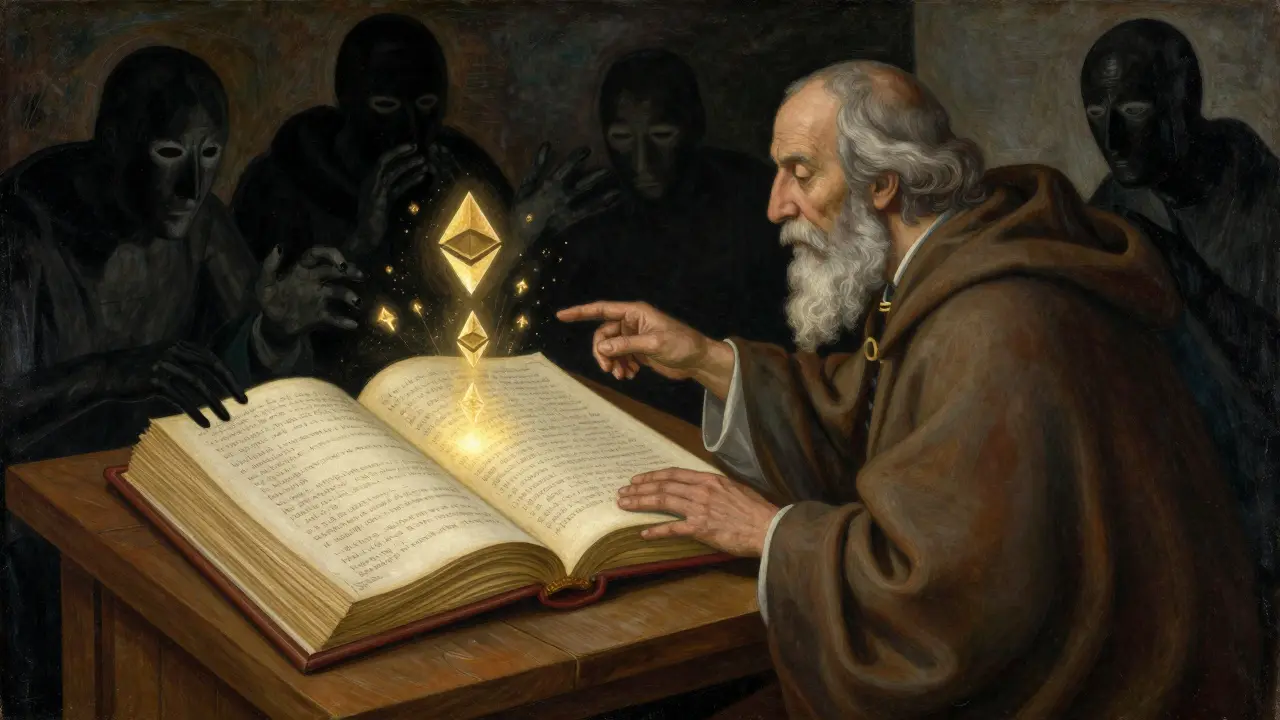 Мудрец указывает на старинную книгу с цифровыми адресами, а тени пытаются подделать записи.