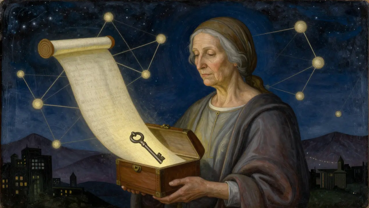 Пожилая женщина держит ключ перед свитком, который превращается в сеть узлов на фоне звёздного неба.