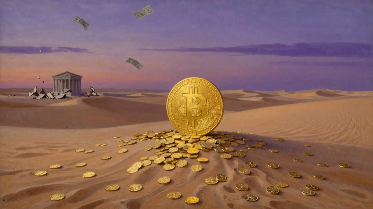 Пустыня, где золотые монеты тают, а биткоин стоит как непоколебимый монолит.