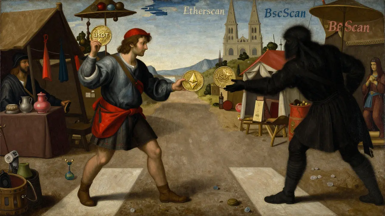 Путешественник выбирает между двумя сетями криптовалюты на перекрестке.