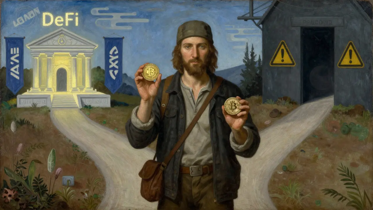 Путник стоит на развилке: один путь ведёт к светлому храму DeFi, другой — в тень, держа в руках два разных токена.