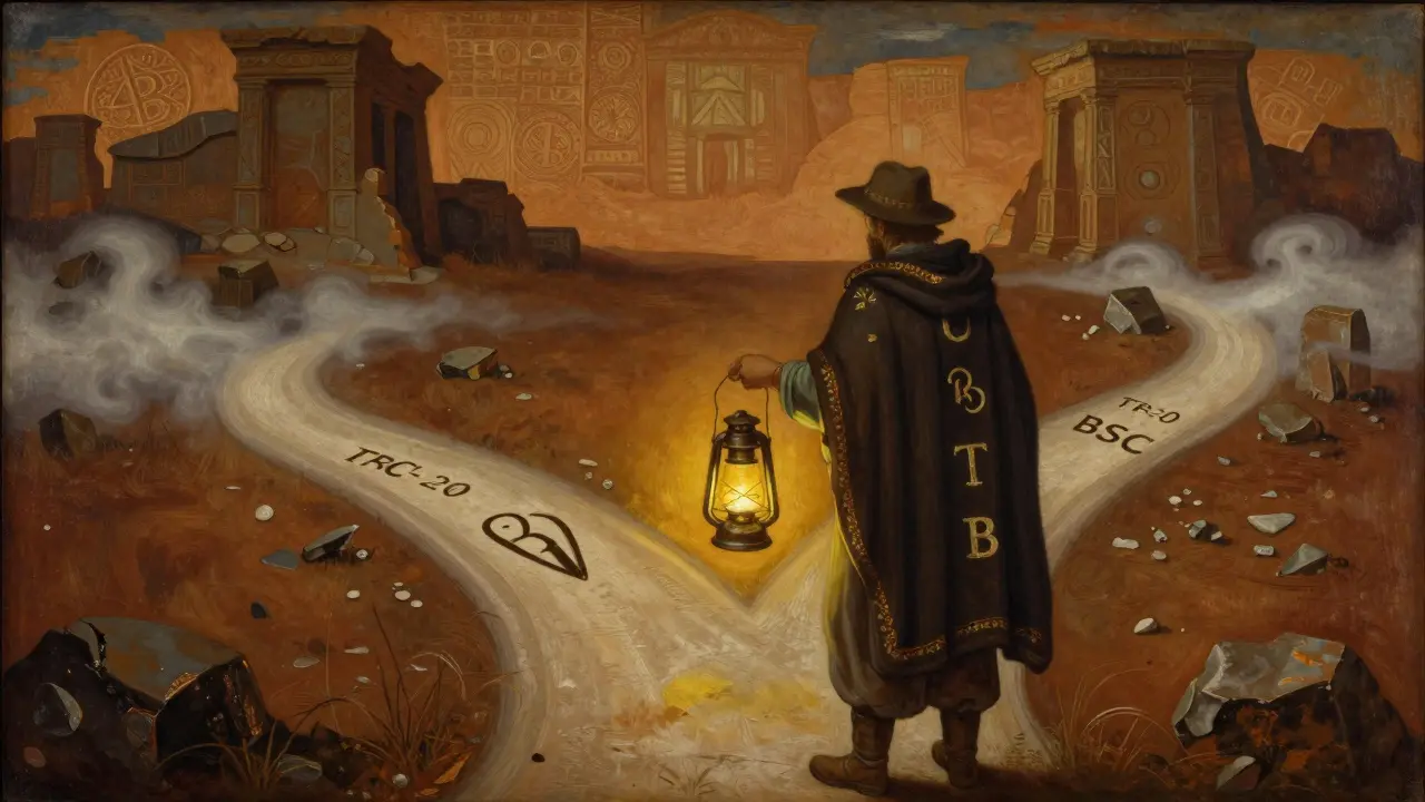 Путник у распутья с тремя путями USDT, один безопасен, другие исчезают.