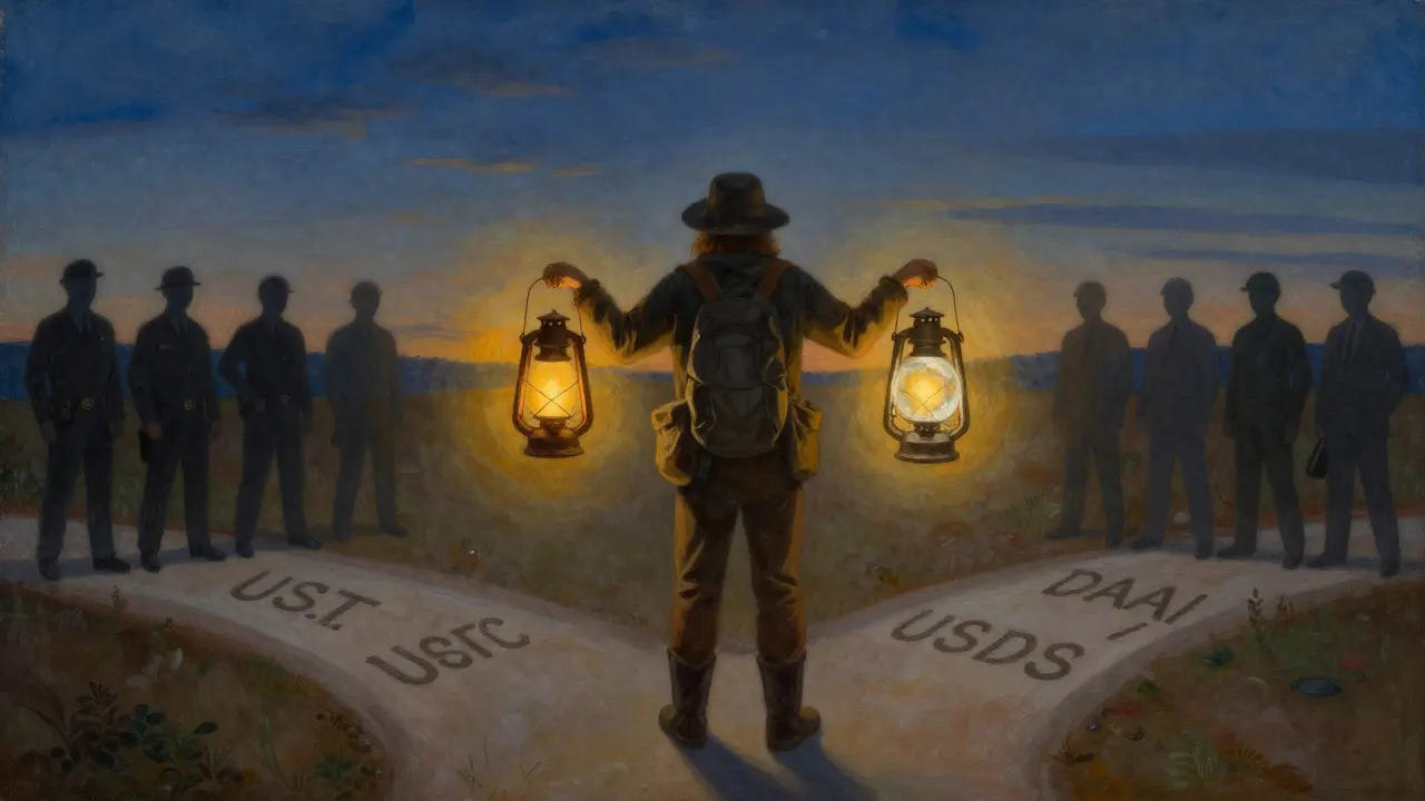 Путник у развилки с тремя фонарями: тусклый, яркий и светящийся изнутри — символы выбора стейблкоинов в сумерках.