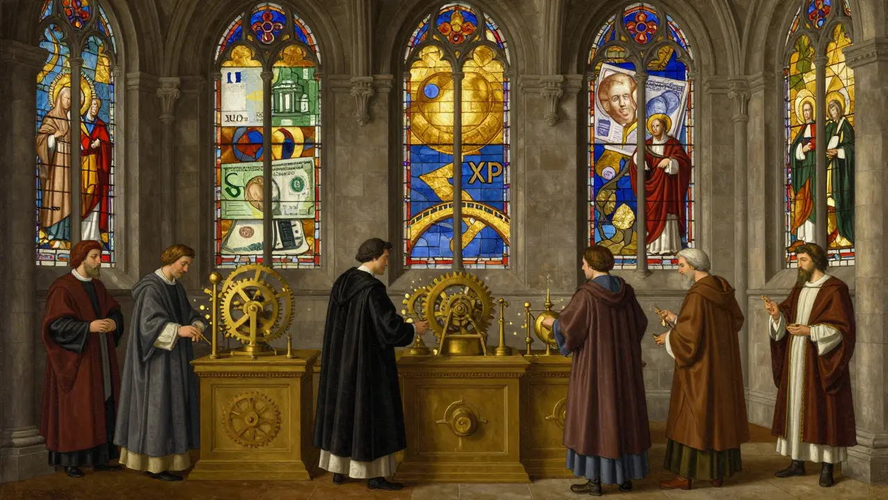Роскошный банковский зал с витражами, изображающими обмен валют через XRP, в стиле темперной живописи.