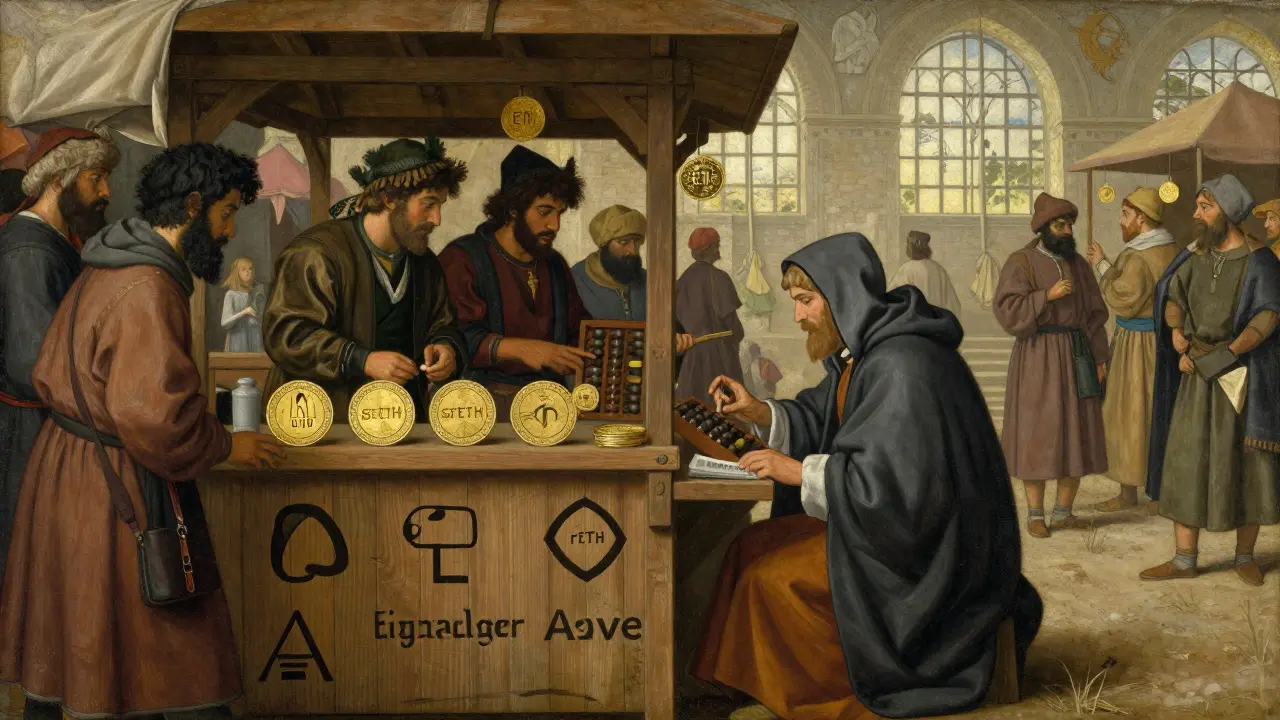 Рынок в стиле XV века, где торговцы обменивают золотые монеты с символами Lido и EigenLayer.