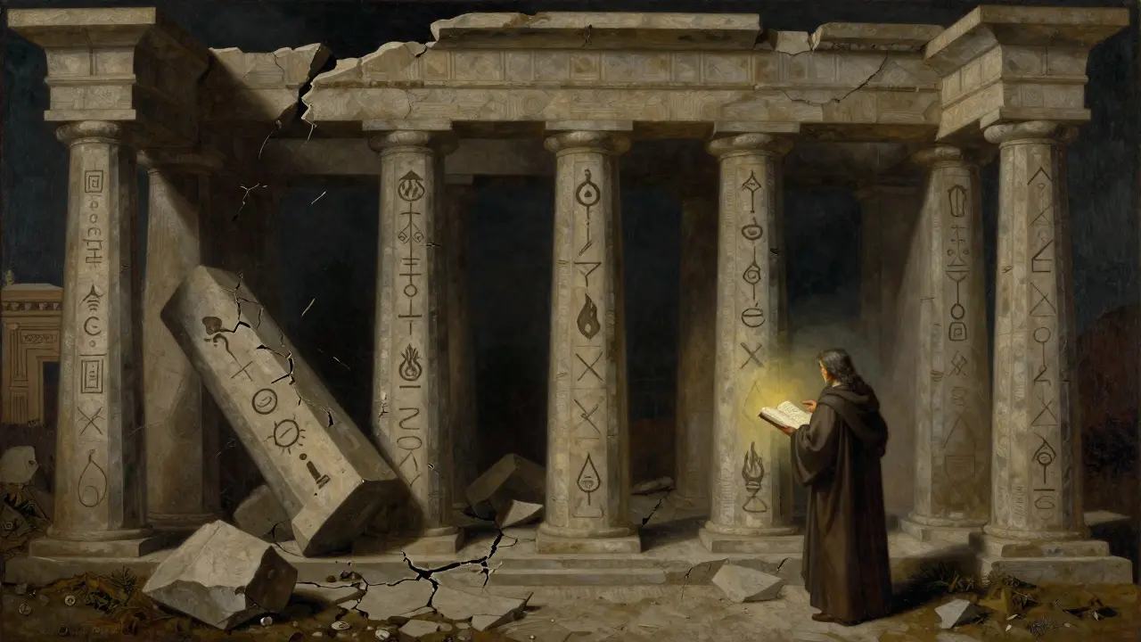 Семь каменных столбов с символами токеномики, один из которых рушится, а учёный изучает свиток.