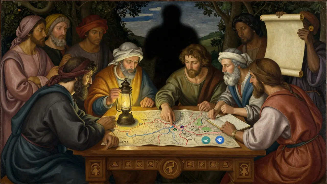 Сообщество изучает рукописную дорожную карту у светильника, один указывает на дату, другой проверяет запись.