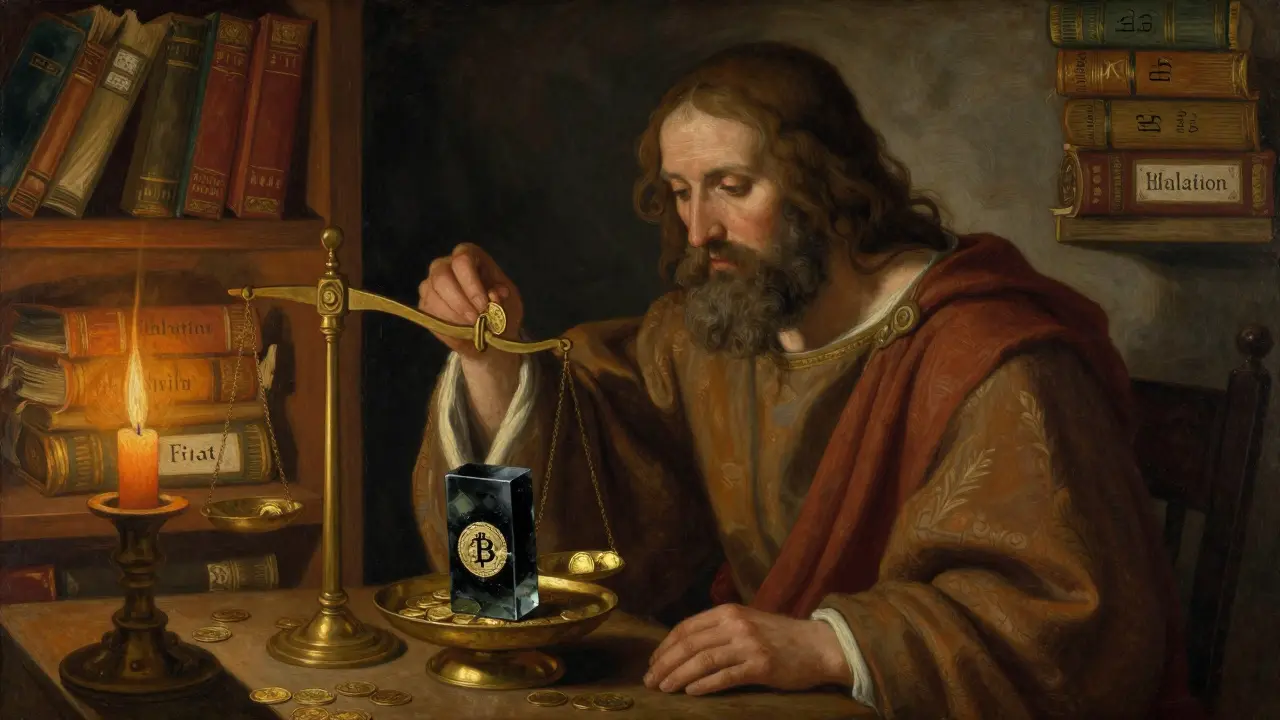 Средневековый алхимик взвешивает золото против биткоина в таинственной комнате.