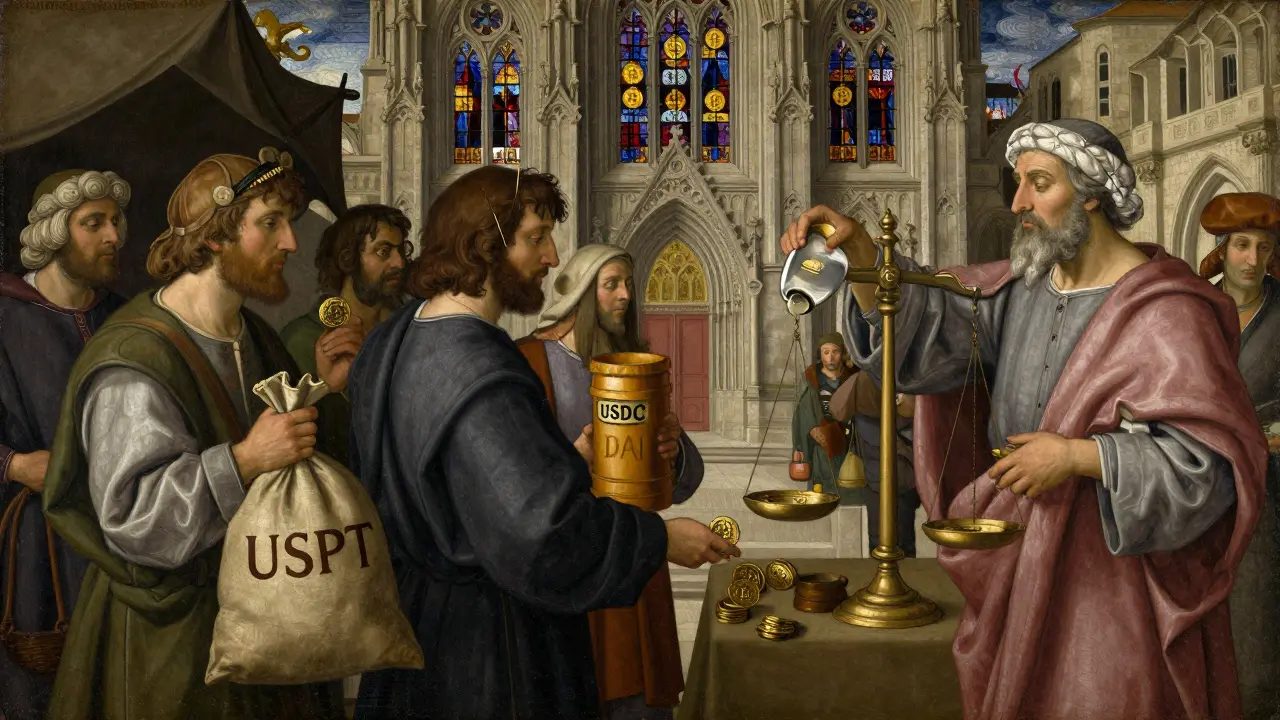Средневековый рынок: торговцы обменивают монеты, учёный проверяет DAI на весах, за ними — собор с криптовалютными витражами.