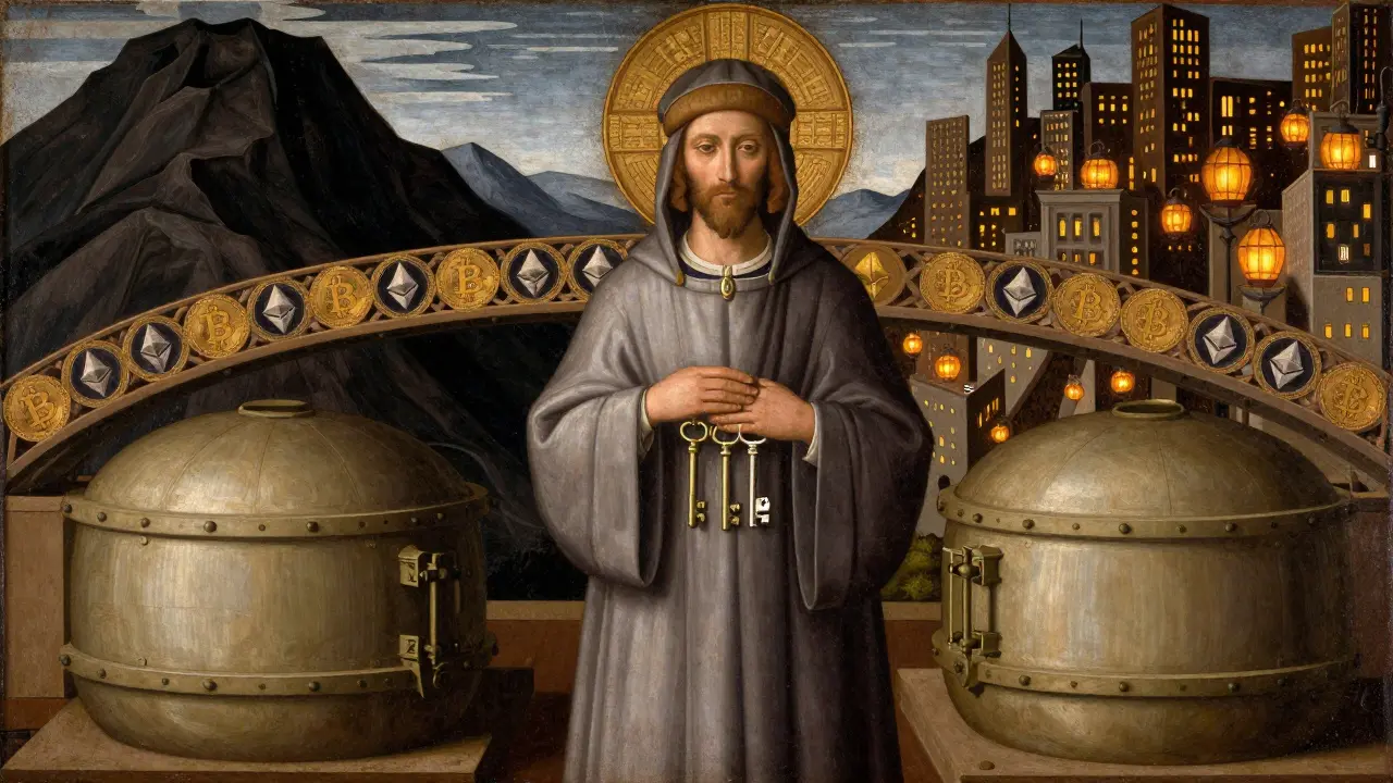 Страж в ренессансном одеянии держит три ключа перед сейфом, за ним — мост между горой и городом, символизирующий Bitcoin и DeFi.