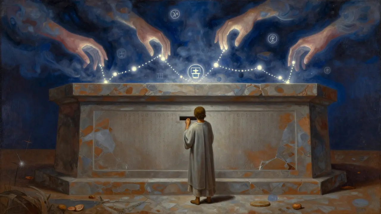 Темперная живопись: человек кладёт токен в алтарь с двоичным кодом, светящиеся узлы активируются сверху.