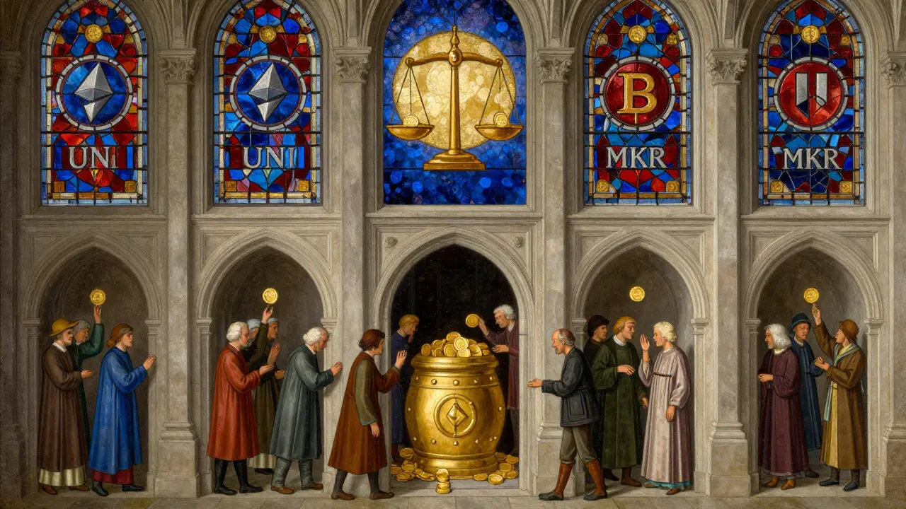 Темперная живопись: собор с окнами из крипто-символов, граждане кладут токены в золотой сейф, небесная чаша весов над ними.