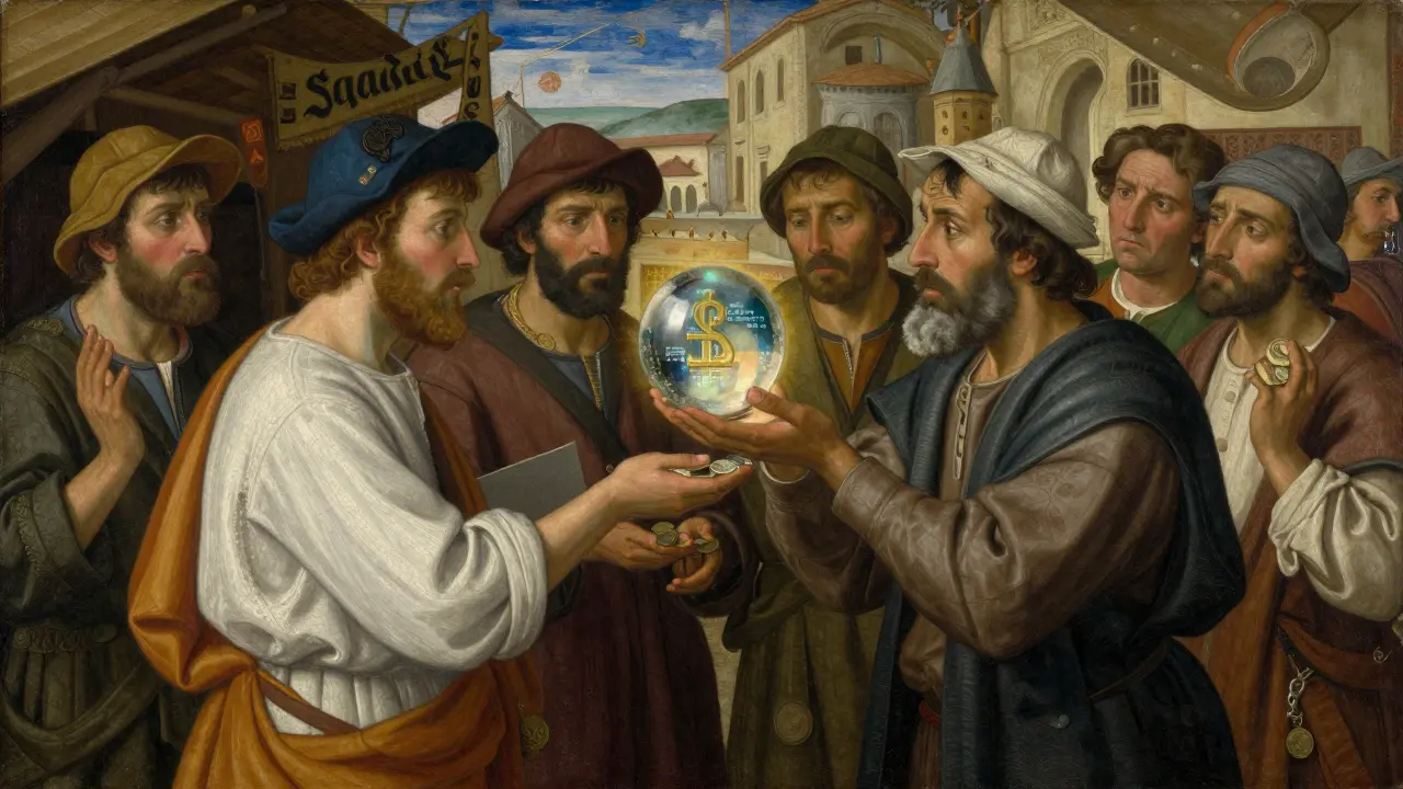 Торговцы на рынке осматривают сверкающий шар с транзакцией, выражая доверие и опасение.