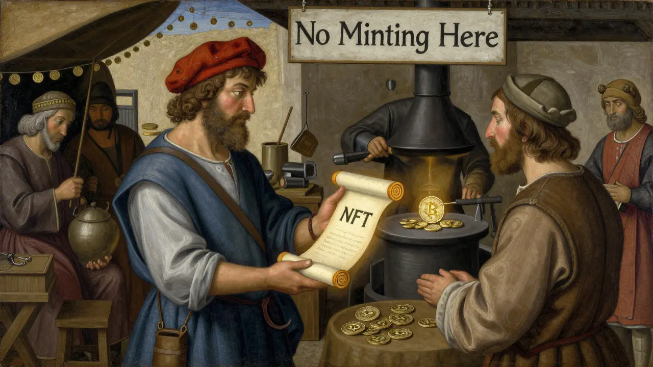 Торговец продает NFT-свиток, а позади кузнец кует биткоины, надпись: 'Здесь не чеканят'.