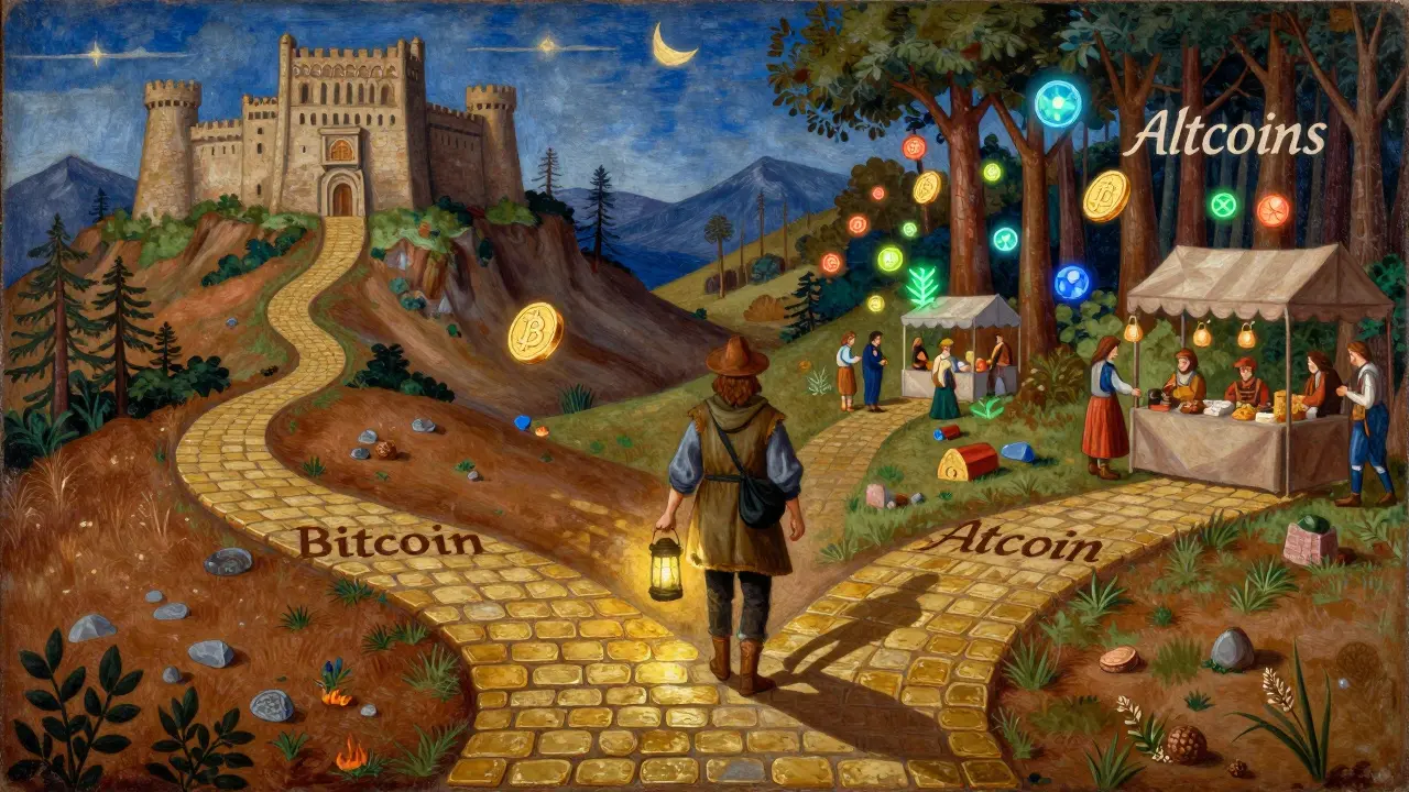 Традиционная живопись темперой: путник у развилки — путь Биткоина и путь альткоинов с живыми технологиями.