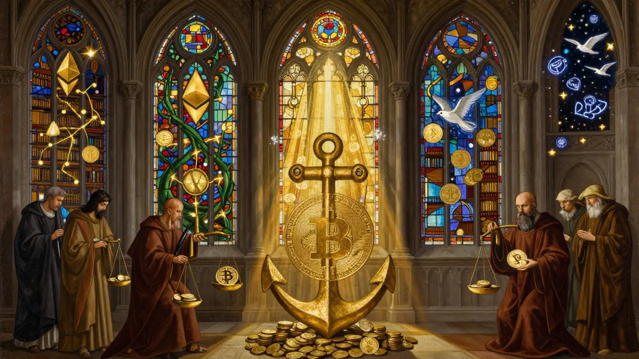 Традиционная живопись темперой: собор с фундаментом из Биткоина и небесными альткоинами в витражах.