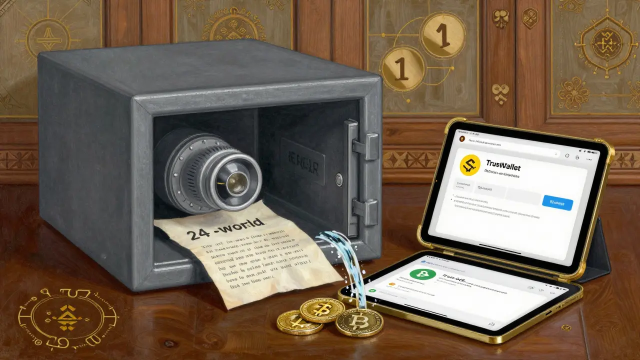 В сейфе лежит аппаратный кошелек и бумага с фразой, цифровые токены текут в кошелек.