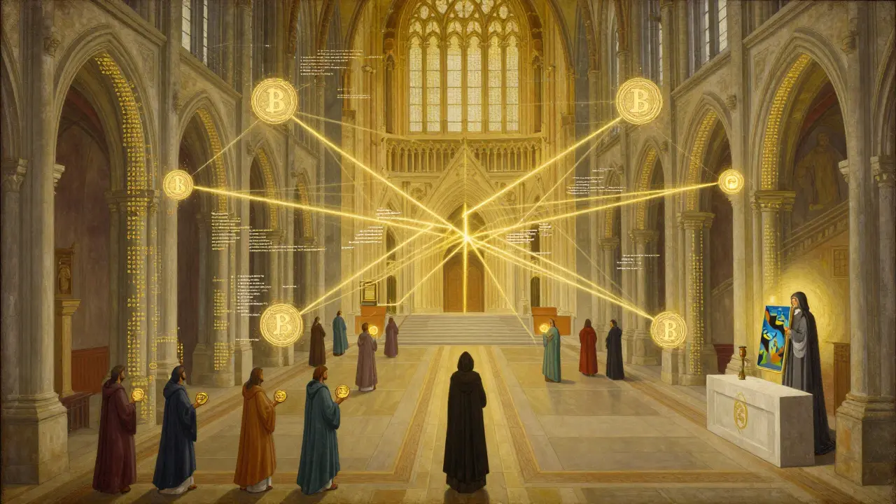 Величественный собор из кода, где фигуры держат разные типы токенов, а один из них держит цифровую картину.