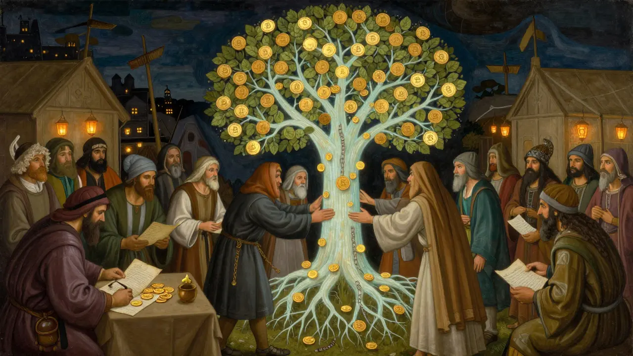 Живописный рынок с деревом, корни которого — блокчейн, а листья — биткоины, символизирующее глобальное принятие.