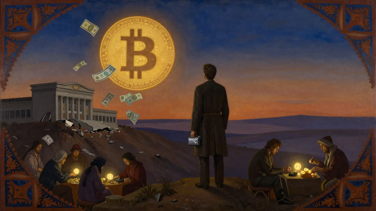 Фигура с холодным кошельком смотрит на цифровой биткоин над руинами банков, в стиле русской миниатюры.