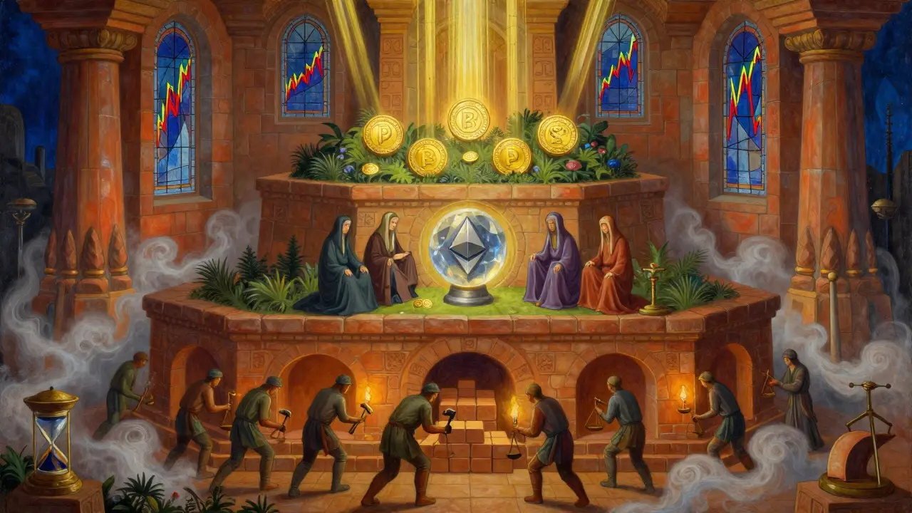 Мистический храм блокчейна с тремя уровнями: майнеры, валидаторы и плавающие монеты Polygon.