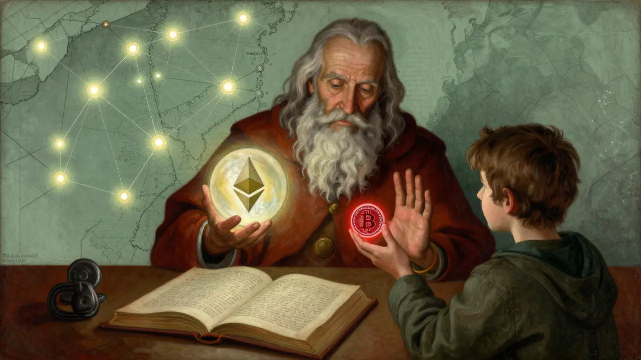 Мудрец останавливает ученика от опасной криптовалюты с высокой доходностью, рядом — карта блокчейна.