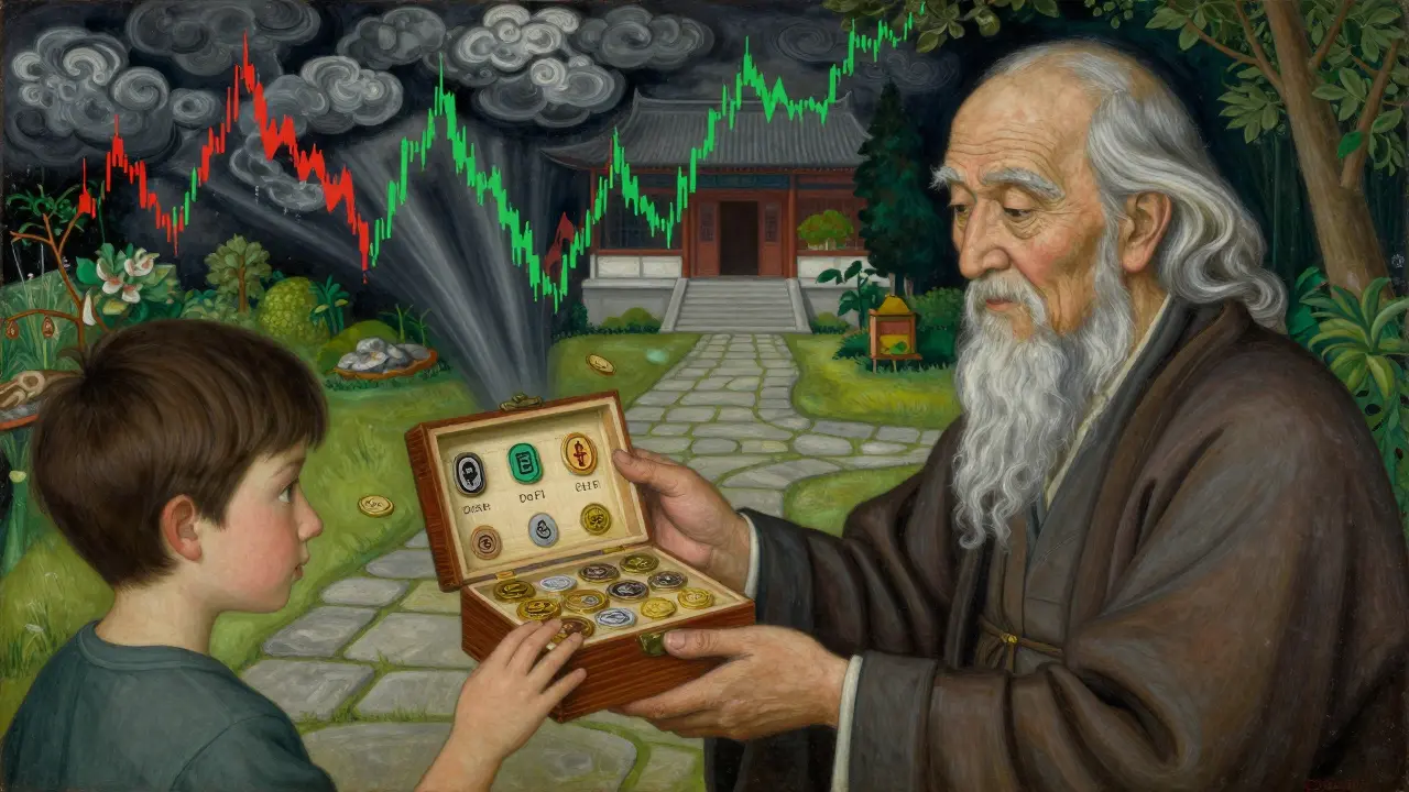 Мудрый старец дарит молодому человеку коробку с 20 токенами, разделёнными по категориям.