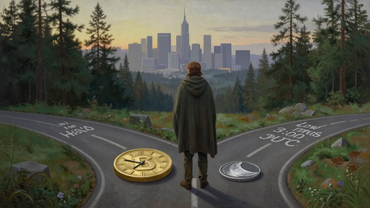 Путешественник перед развилкой: один путь — высокие комиссии, другой — низкие, рассвет за спиной.