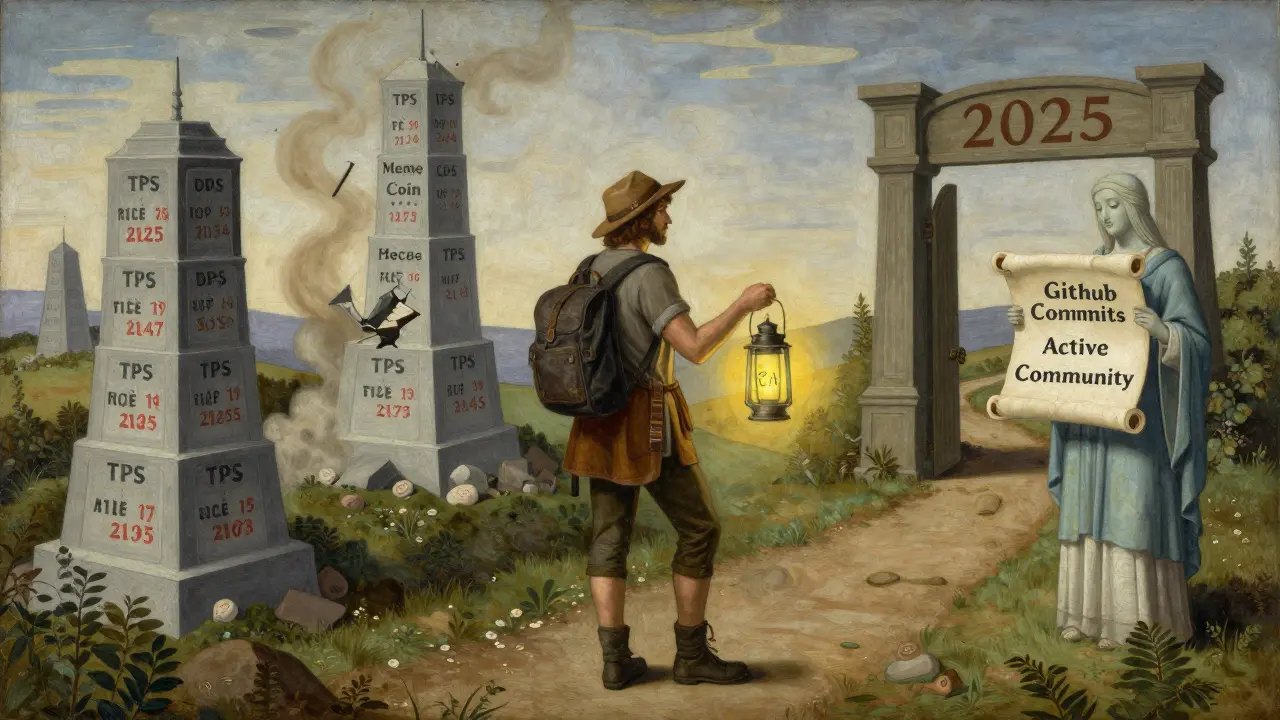 Путник идет по тропе блокчейн-башен с фонарем DCA, позади — рушится башня мемкоина, впереди — врата 2025 года.