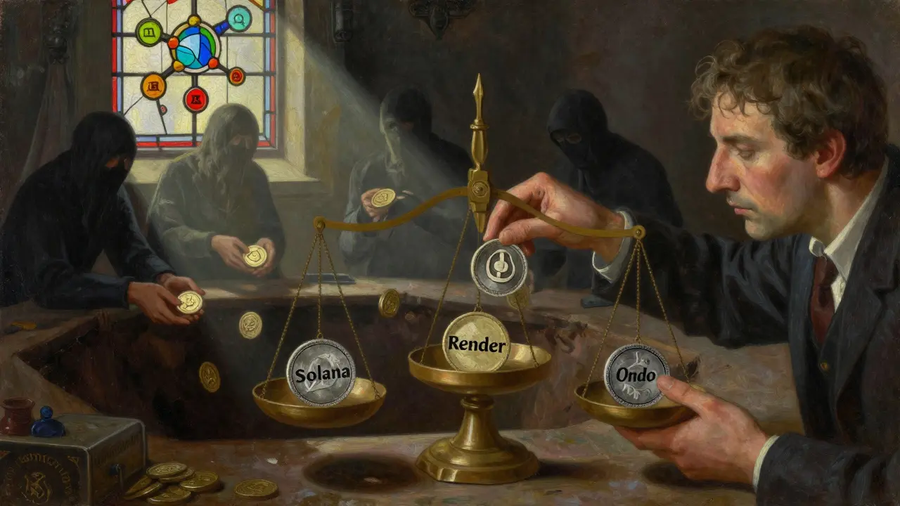 Ремесленник балансирует три криптовалюты на весах, а спекулянты с мемкоинами падают в пропасть.