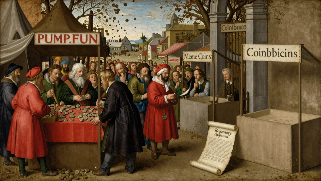 Рынок с торговцами токенами: один лавка процветает, другие пусты, над воротами — указ о регуляторном одобрении.