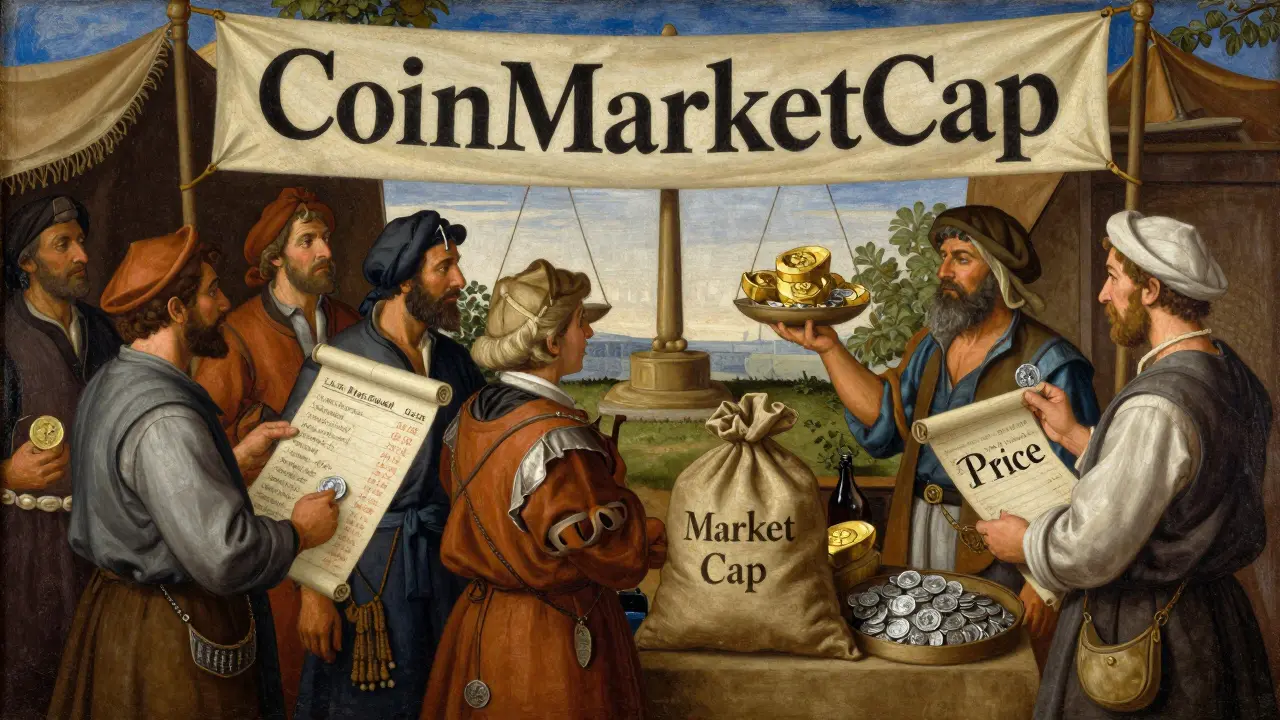 Темперная живопись: оживлённый рынок XVIII века с торговцами, сравнивающими монеты по весу и цене под знаменем CoinMarketCap.