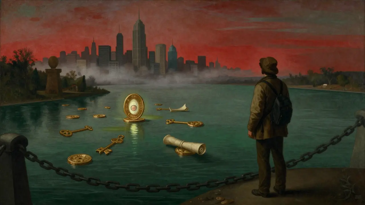 Темперная живопись: путник на мосту из цепей, смотрит на токены, плывущие к городу блокчейна.