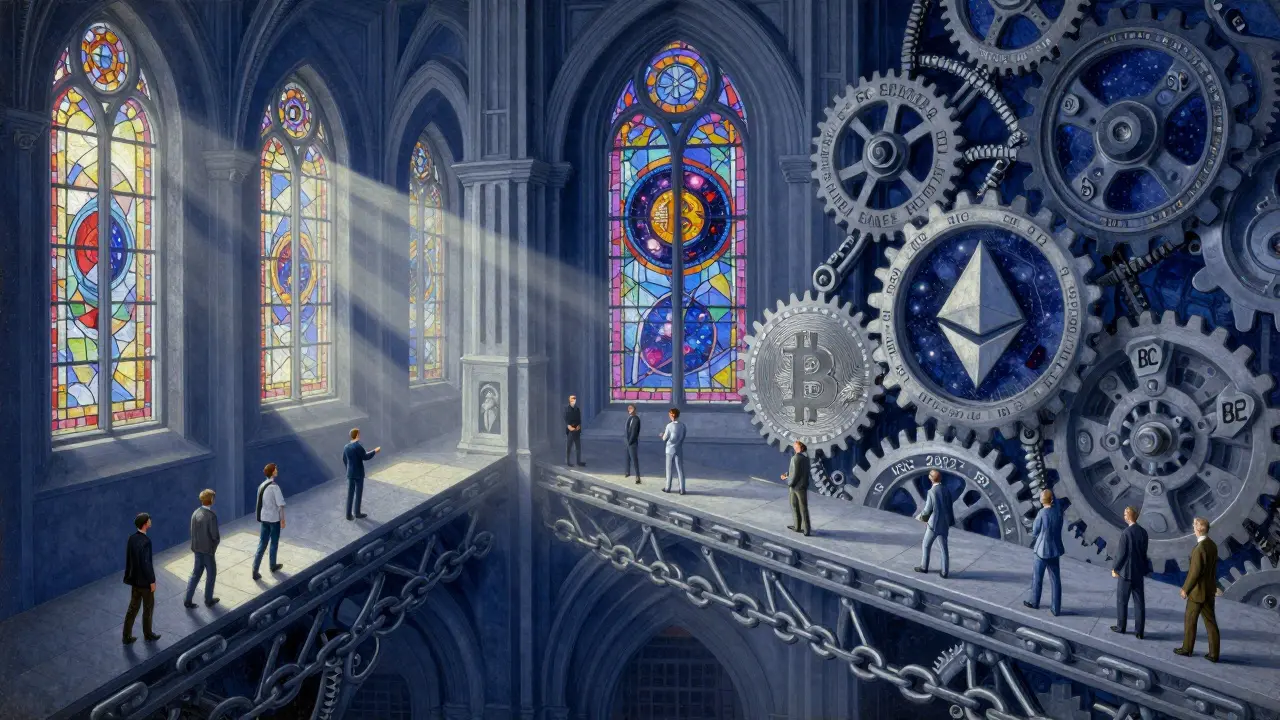 Темперная живопись: собор из цепей блокчейнов с лучами света, исходящими от ключа ISO 20022.