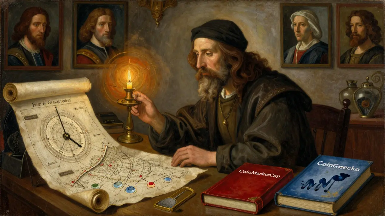 Темперная живопись: учёный в кабинете с картами крипторынка, смотрит на индекс страха и жадности как на астролябию, рядом лежат книги CoinMarketCap и CoinGecko.