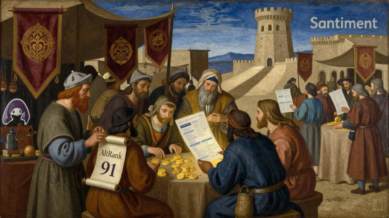 Торговцы на рынке обменивают цифровые токены, рядом плавают графики настроений и логотипы Discord.