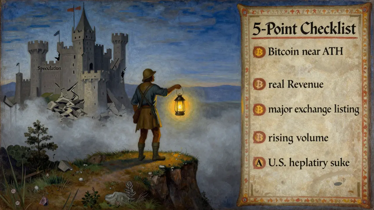 Торговец на скале с фонарем '5-пунктного чек-листа', путь ведет к устойчивому росту, позади рушится замок спекуляций.