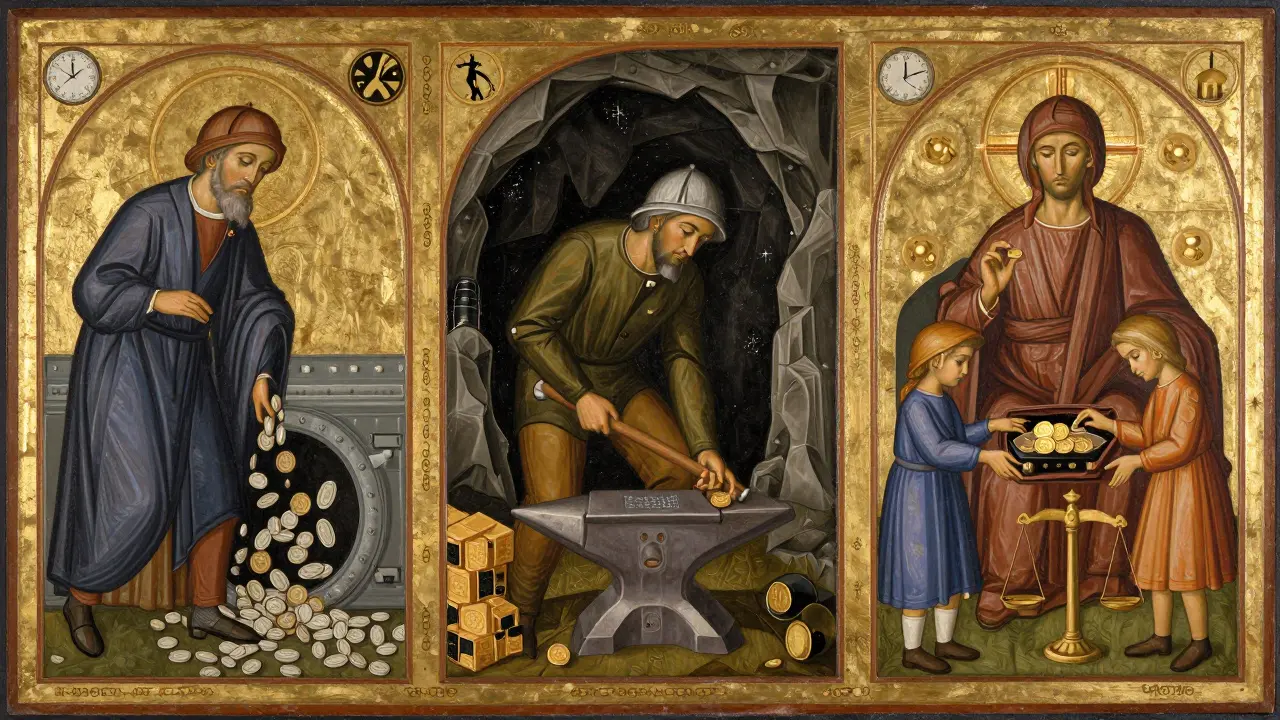 Трёхпанельная икона: банкир, майнер и семья с холодным кошельком — аллегория защиты сбережений.