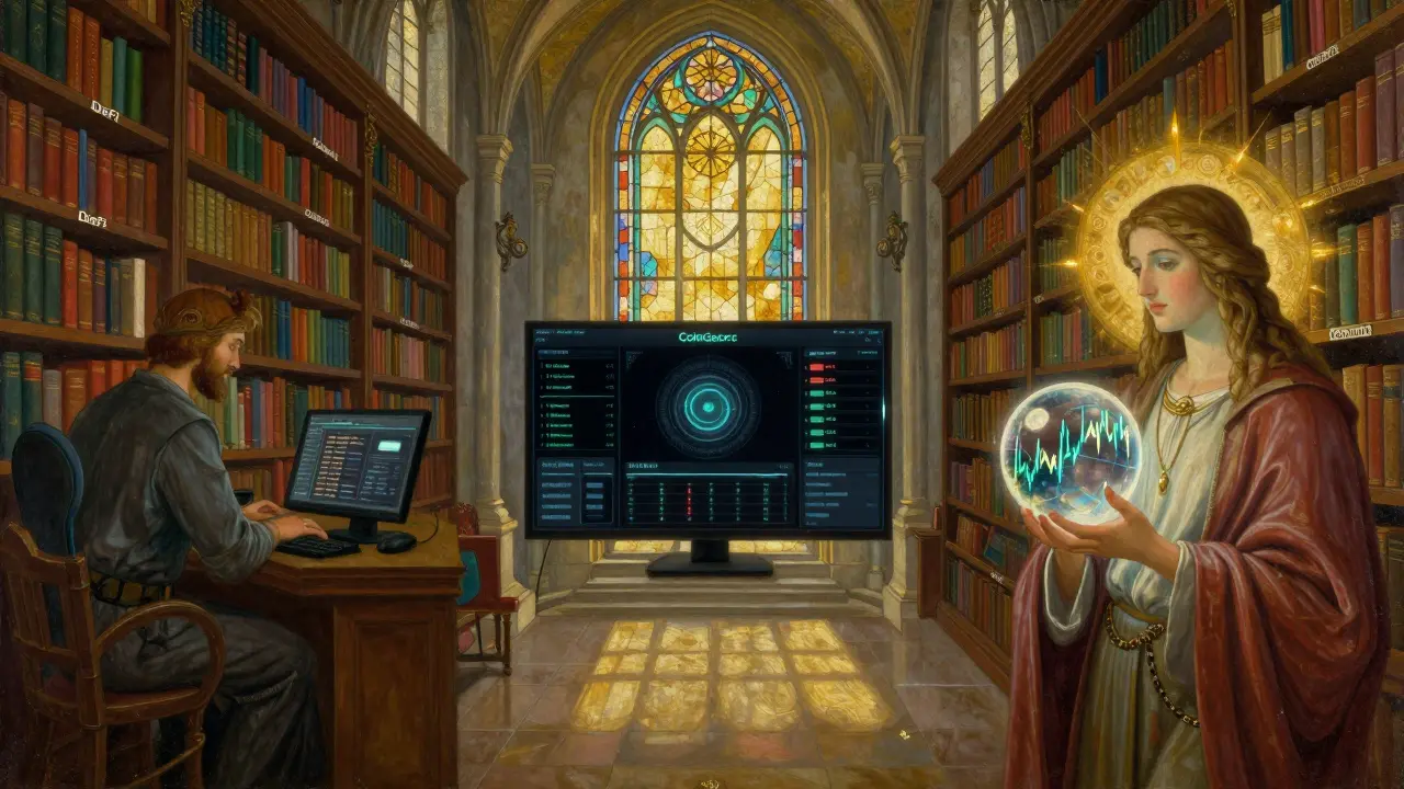 Три панели: трейдер, панель CoinGecko и ИИ-оракул в библиотеке, освещённой золотым светом.