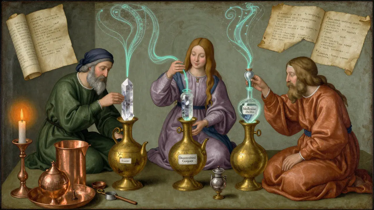 Алхимическая лаборатория с кристаллами Каспы, Селестии и Рендер в стиле средневековой иллюстрации.