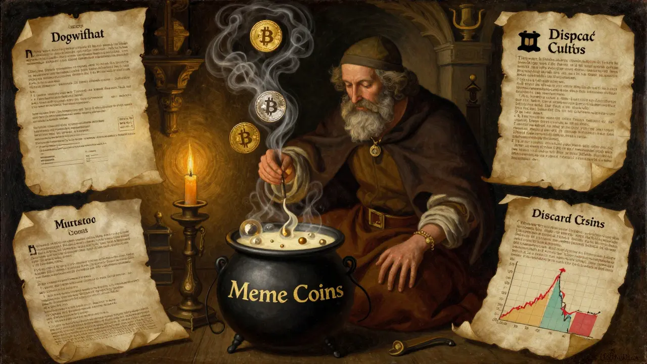 Алхимик в келье готовит мем-коины в котле, вокруг — свитки с данными о ликвидности и аудите.