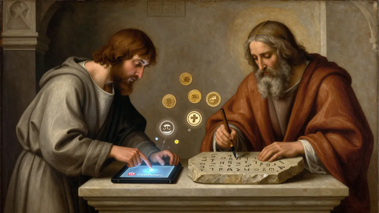 Два человека у алтаря: один использует платформу, другой пишет код — символ противопоставления простоты и мастерства.