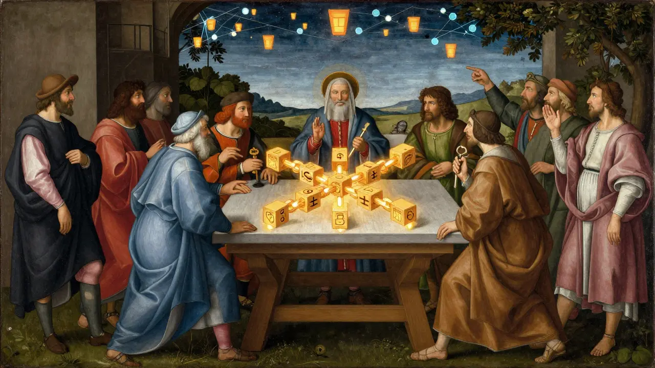 Группа людей в исторических костюмах наблюдает за плавающей цепочкой блоков, символизирующей децентрализованную сеть.