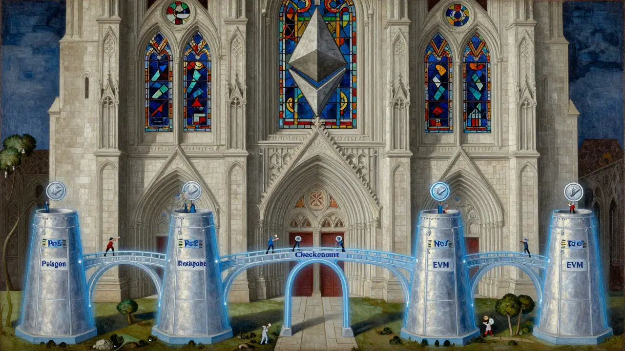 Храм Ethereum с медленными транзакциями и ниже — сеть арок Polygon с быстрым потоком токенов в стиле средневековой миниатюры.