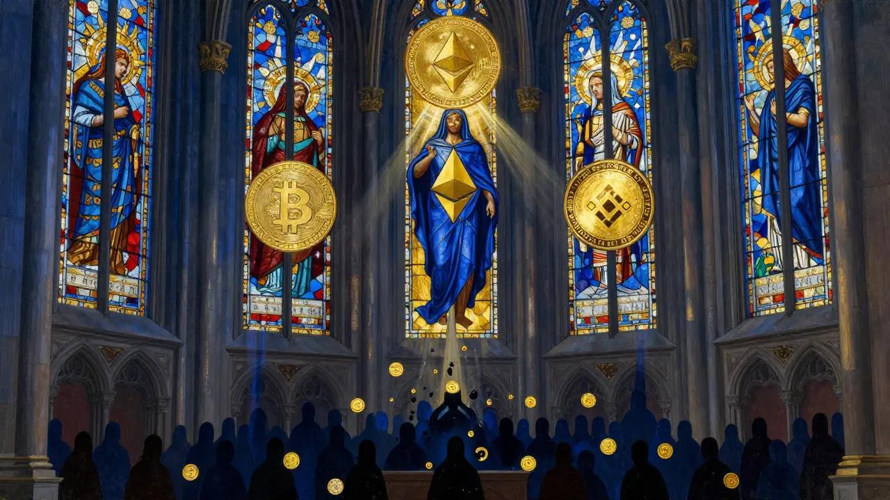 Храм с витражами, где пять главных криптовалют светятся, а сотни мелких токенов разрушаются у основания.