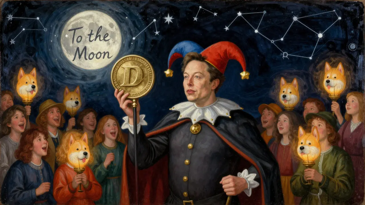Илон Маск как шут, держит монету DOGE, толпа с фонарями в виде мемов смотрит на луну с надписью 'To the Moon'.