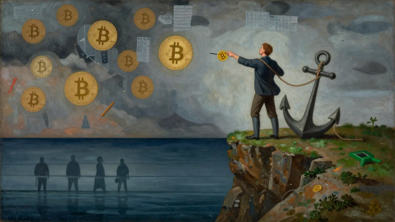 Инвестор на скале держится за якорь Биткоина, выпуская токен в шторм.