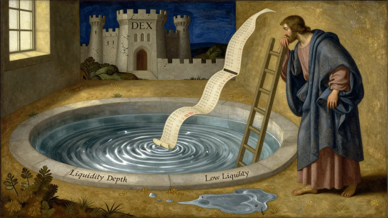 Купец исследует глубокий серебряный бассейн ликвидности рядом с мелким лужей, вокруг — свитки с ордерами.