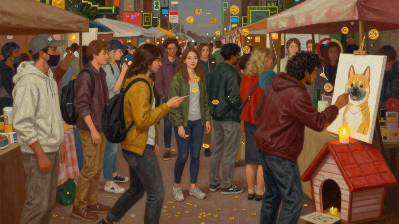Люди передают монеты DOGE как конфетти в оживленном цифровом рынке, один дарит художнику.